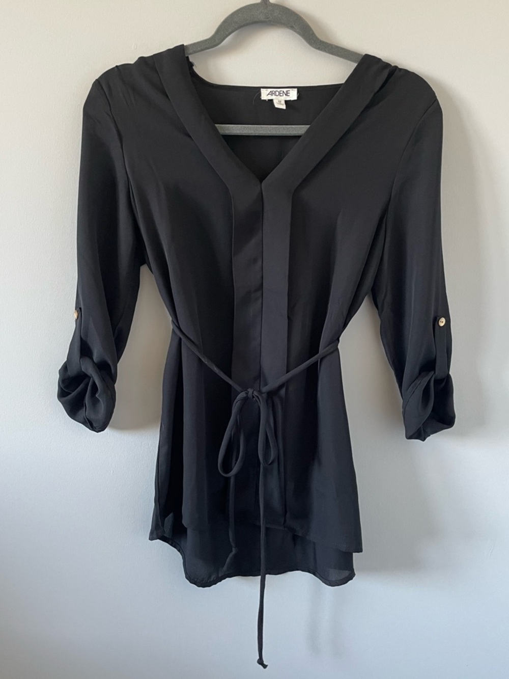 Ardene Tie-Waist Chiffon Blouse Top - 3/4 Length Sleeves - Black